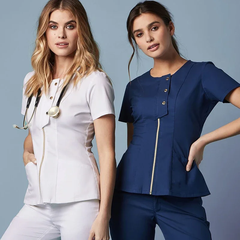 Set di Scrub da donna personalizzato all'ingrosso con cerniera in metallo e pantaloni uniforme da infermiera