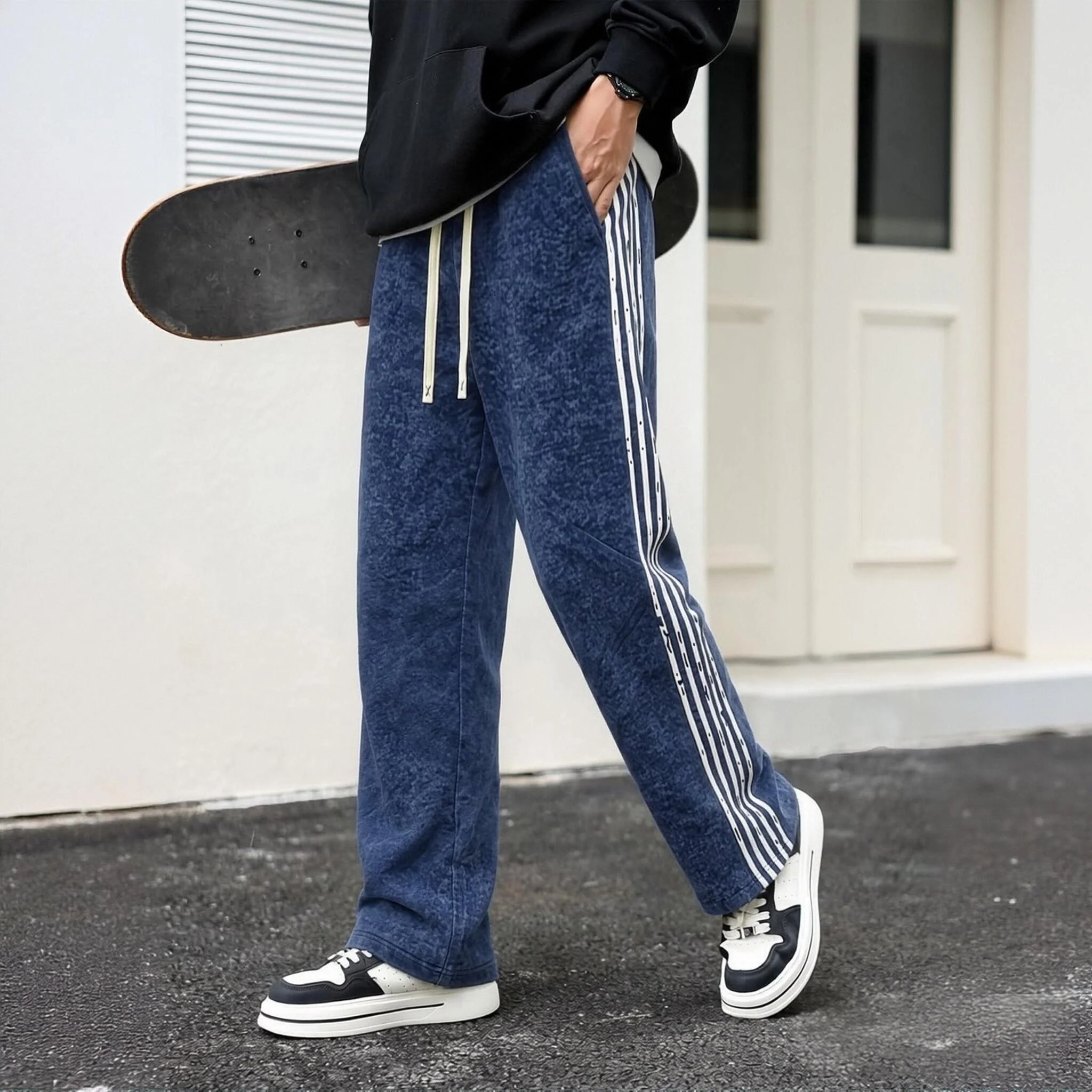 Men Vintage Washed Straight Sweatpants Side Striped Loose Wide Leg Trousers Drawstring Elastic Waist Streetwear Casual Pants
