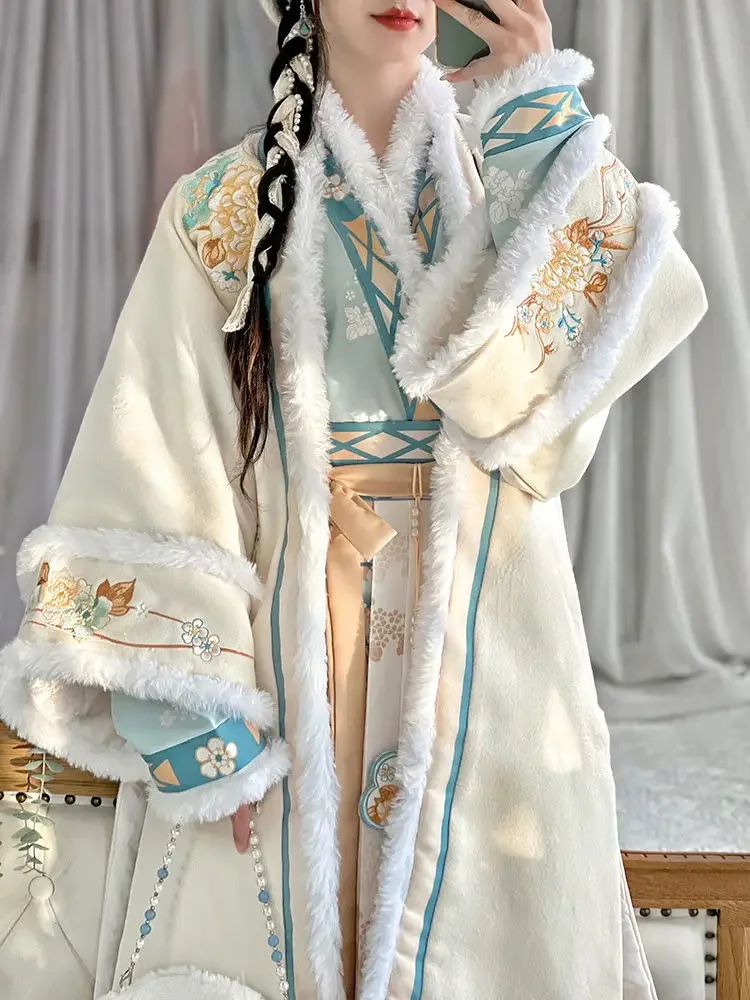 WATER Winter Hanfu Dresses Sets Women Traditional Chinese Style Warm Song Dynasty White Vintage Plush Princess Dress Lady Robes