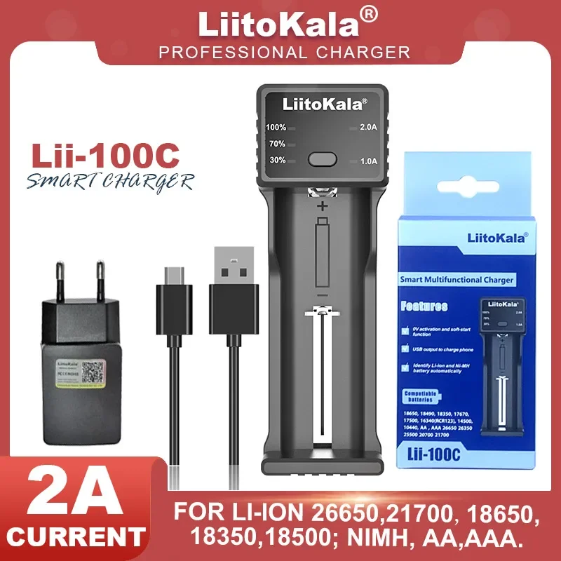 LiitoKala-شاحن بطارية قابل للشحن ، شحن سريع ، Lii-100C ، 3.7 فولت ، 18650 ، 21700 ، 18350 ، 26650 فولت ، AA ، AAA ، ni-mh ، 5 فولت ، 2A ، مخرج USB