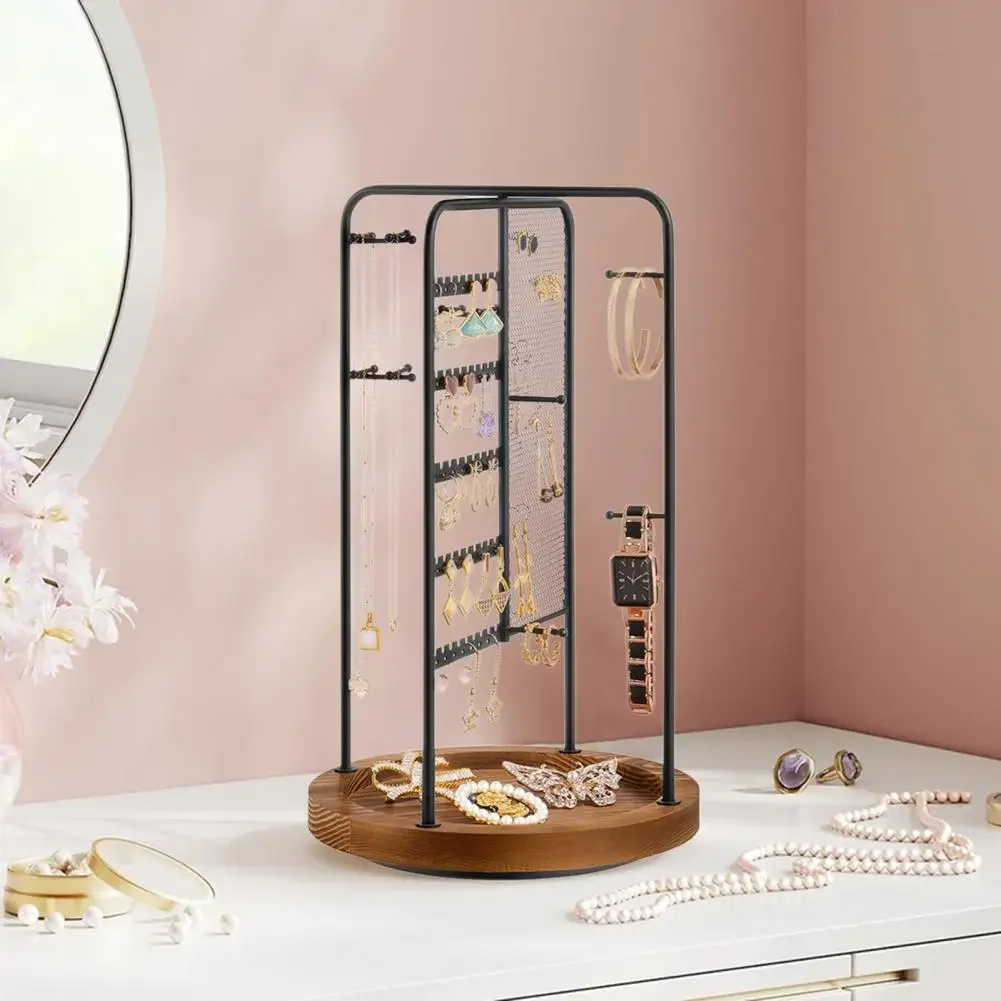 

Earring Display Stand, 360-Degree Rotating Necklace Earring Holder With Wooden Base, Metal Multi-layers Design Earrings Holder