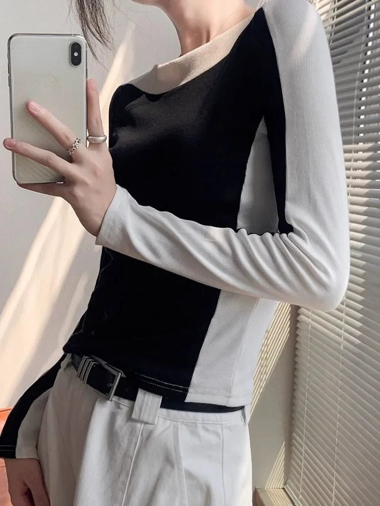 موضة بسيطة المرقعة كم طويل تي شيرت 2025 أوائل الخريف جديد لباس أبيض للنساء Y2k سليم صالح قاع تي شيرت