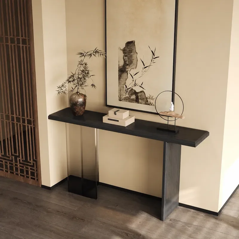 Solid Wood Entryway Table with Acrylic Floating Shelf Narrow Console Desk for Hallway Light Luxury Hotel Decor Minimalist
