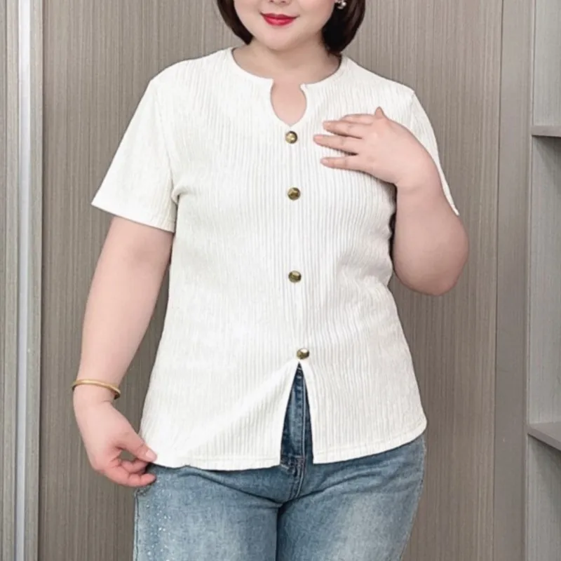 Summer short-sleeved T-shirt Women 2024 New Plus Size Women Thin Pullover Small V-neck Metal Button Decoration Tees