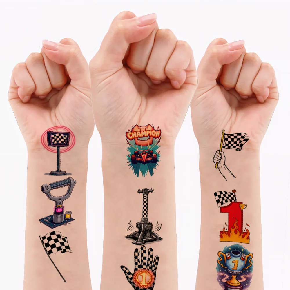 

63 шт., временные татуировки, гоночный костюм, водонепроницаемые долговечные наклейки на тело, гоночный автомобиль, клетчатый флаг, временные татуировки, наклейки