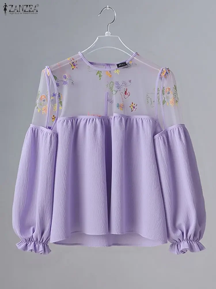 

ZANZEA Fashion Blouse Long Sleeve Sexy Women See-through Floral Print Mesh Patchwork Shirts 2025 Elegant Casual Holiday Tops