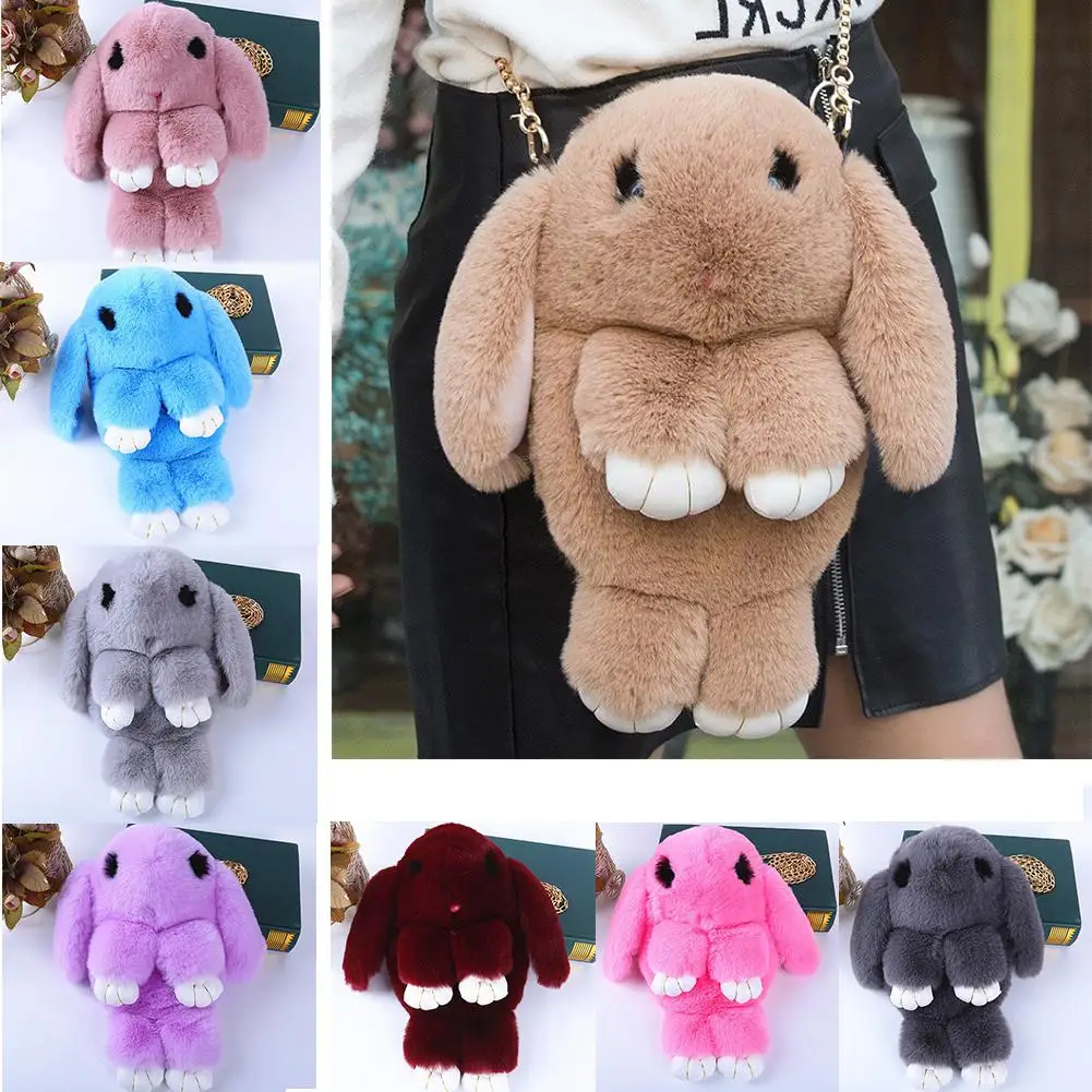 Cute Bunny Plush Bag Messenger Women Rabbit Fur Pompoms Chain Bag Mobile Phone Pack Girls Small Shoulder Decorative