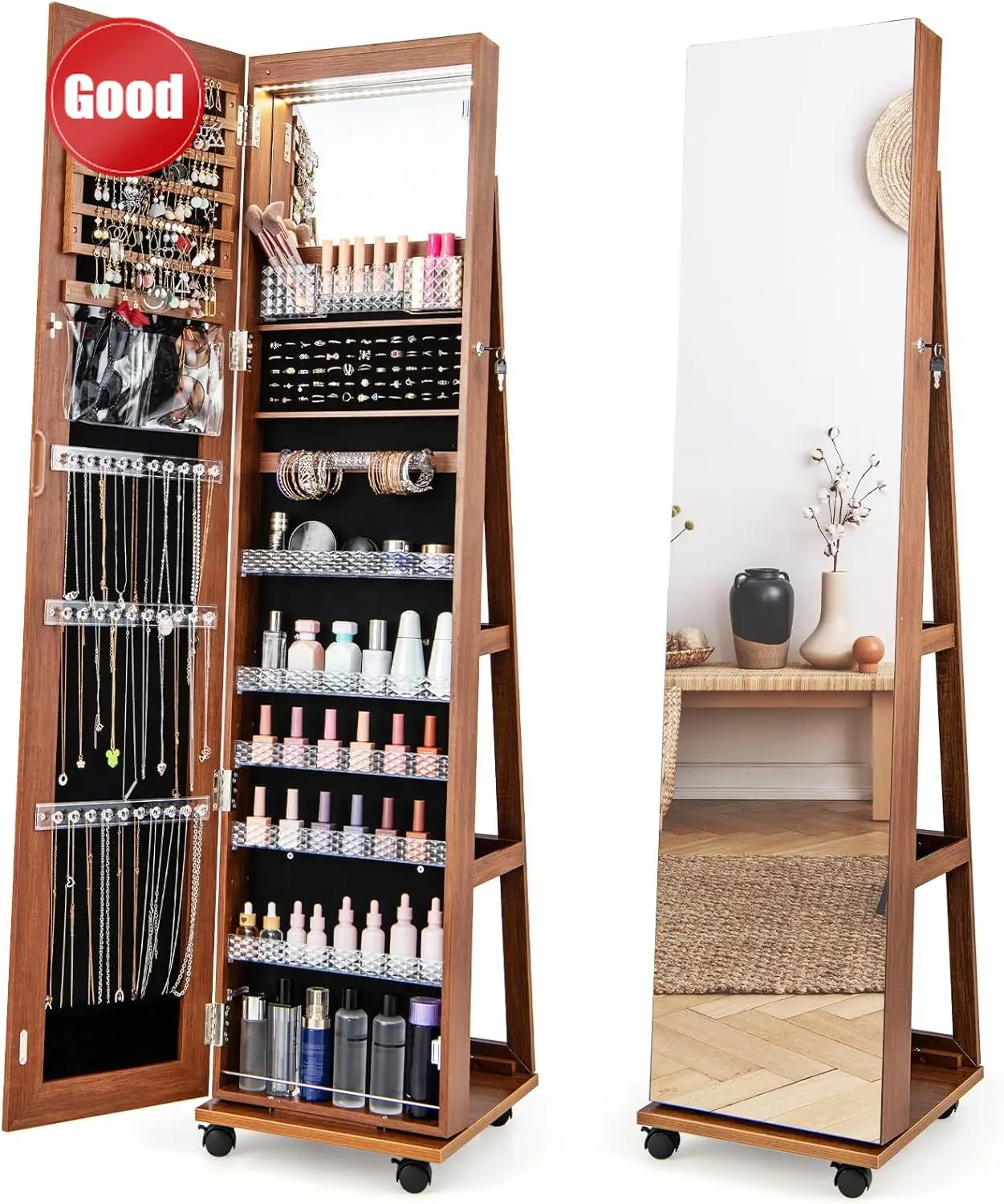 Cost-effective Jewelry Cabinet Armoire with Wheels, 64