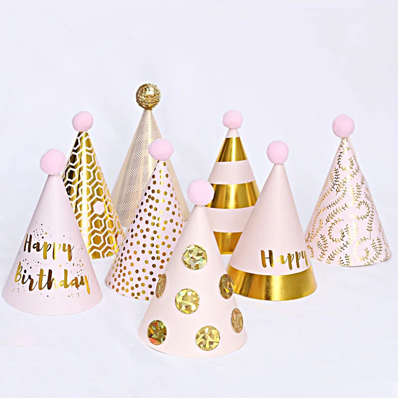 Happy Birthday Cone Hat Girls Boys Pink Black Gold  Hats with Pom Poms Paper Cone Striped Dot Hat Birthday Party Decor Supplies