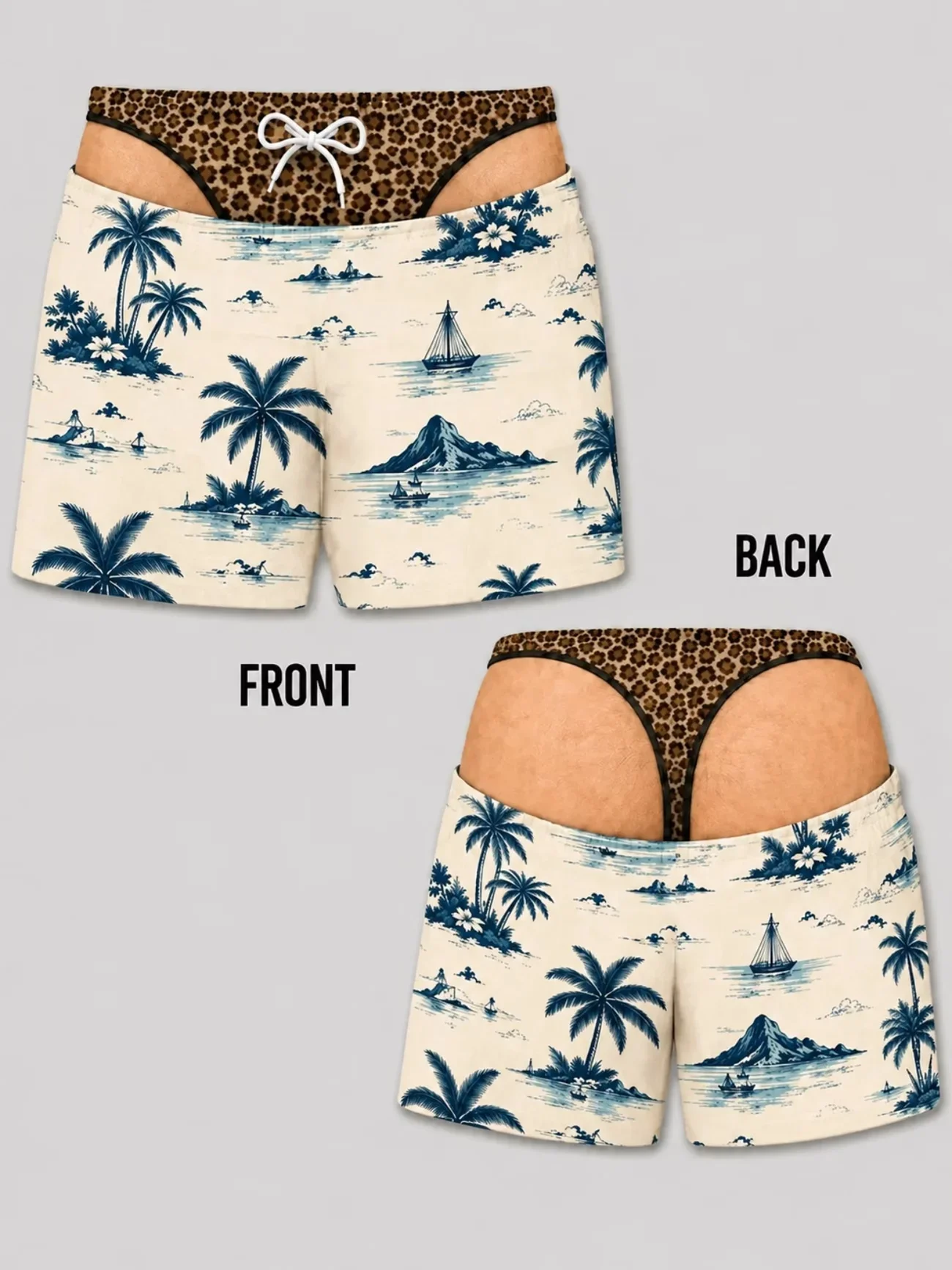 Men's Creative Print Two-in-One Beach Shorts Retro Coconut Tree & Caravan Print Loose Fit for Beach Surfing and Vacation