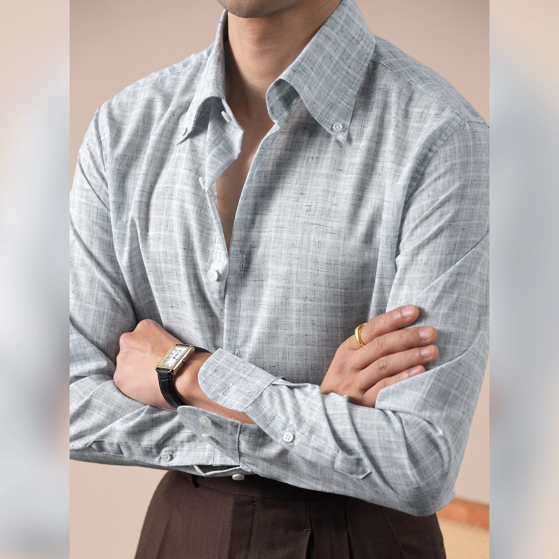 

Linen Blend Italian-style Large Pointed Collar Shirt For Men Streetwear Casual Plaid Business Men Shirt Camisa Social Masculina