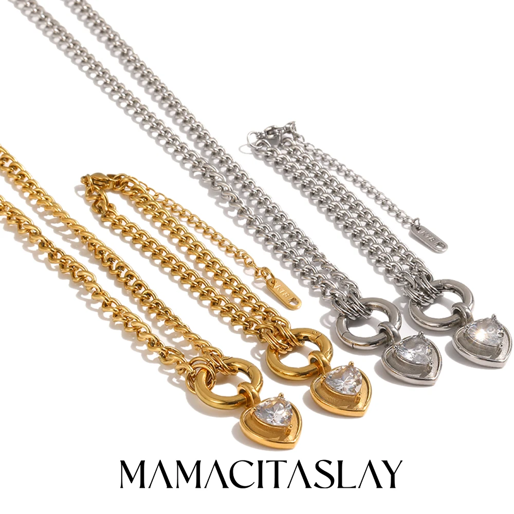 MamacitaSlay 316L Edelstahl Kubanische Gliederkette Herz CZ Halskette Armband 18K vergoldet wasserdichtes Schmuckset für Damen