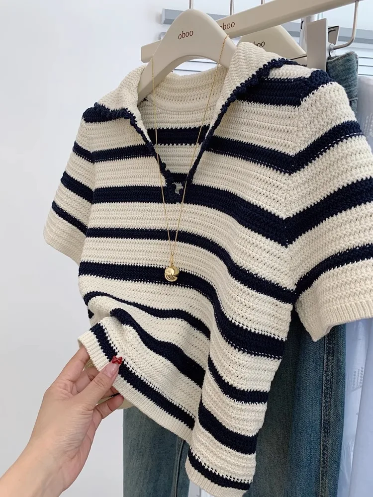 

Striped Short Sleeved Knitted T-shirt Women's Loose ice silk Short Top Korean Retro Contrast Color Versatile Sweater Pullover