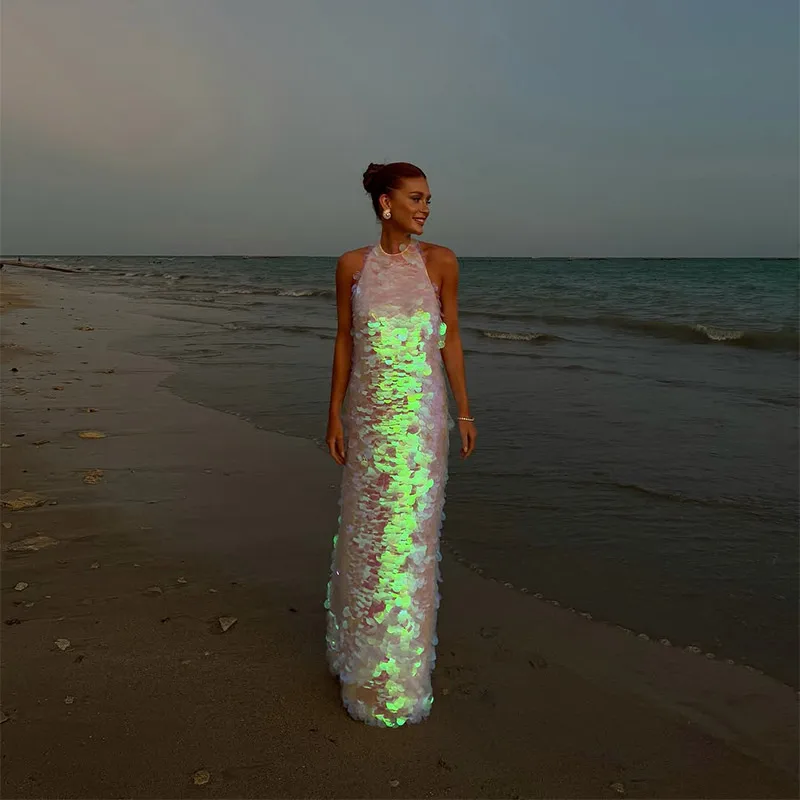 Chic Shinning Sequins Maxi Dress For Women Backless Sleeveless Halter Robes 2025 New Lady Spring Summer Vacation Beach Dresses image 2