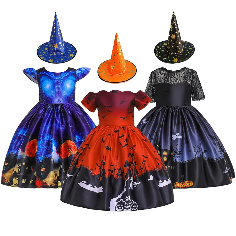 2023 Halloween Pattern Girls Dress Children Carnival Party Costume New Fashion Witch Cosplay Princess Dress 3 4 5 6 8 9 10 Years