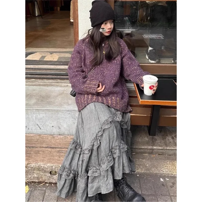 

Vintage Autumn and Winter New Grey Lace Patchwork Skirt with Irregular Design A-line Large Swing Cake Skirt Female Clothing