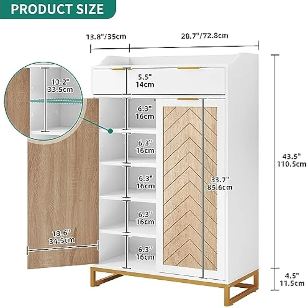 Shoe Cabinet Entryway with Doors, 5-Tier Shoe Storage Cabinet with Drawer, Large Capacity Wooden Shoes Rack Organizer