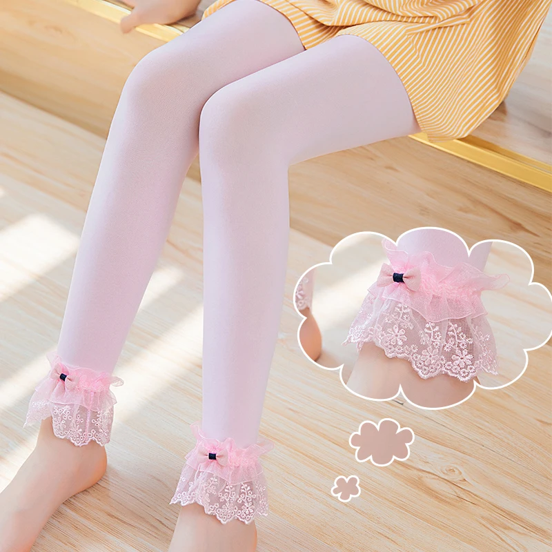 Summer velvet big lace cropped trousers princess girls velvet thin solid color leggings Korean fashion cute baby student socks