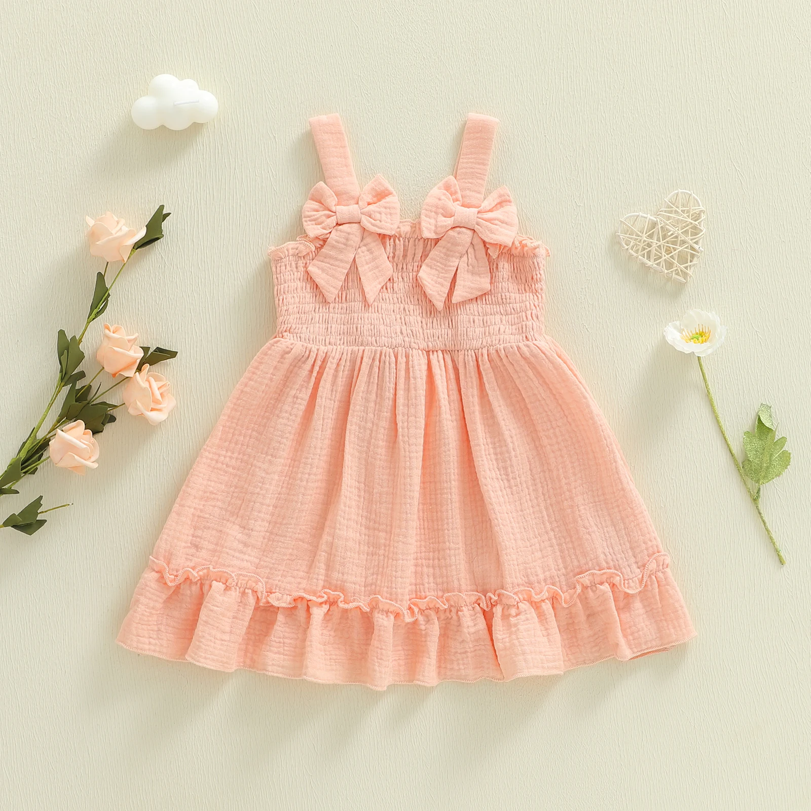 

Adorable Baby Girls Sleeveless Square Neck Ruffled Spaghetti Strap Dress with Bow Detail - Stylish Solid Color Summer Outfit