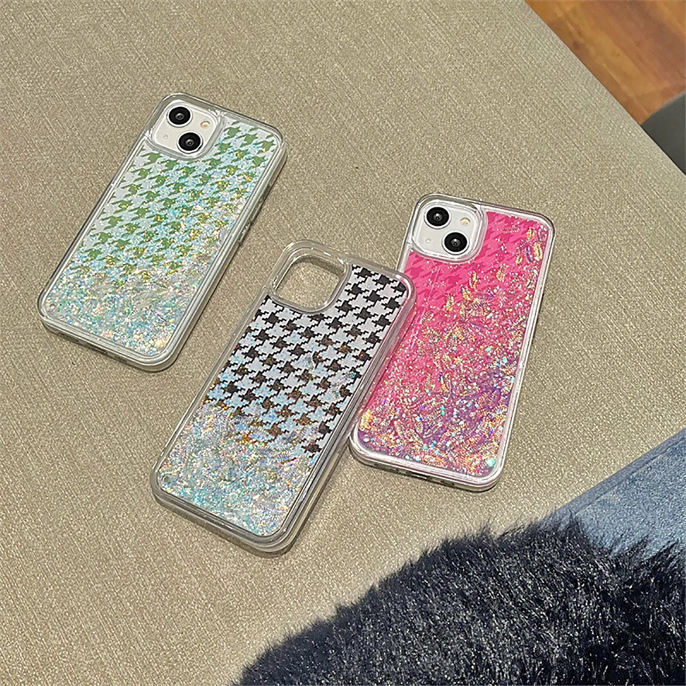 Luxury Houndstooth Feather Quicksand Glitter Transparent Phone Case For iPhone 15 14 11 12 13 Pro Max 14 Plus Shockproof Cover