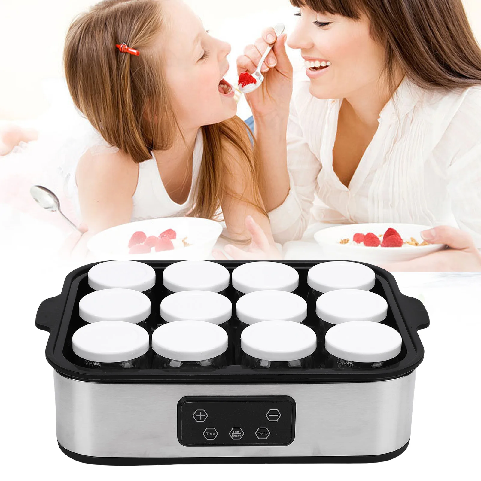 

Автоматическая йогуртница 110 В/220 В с таймером 0-48 часов, регулируемая температура, машина для приготовления мороженого и пудинга, в комплект входят 12 чашек