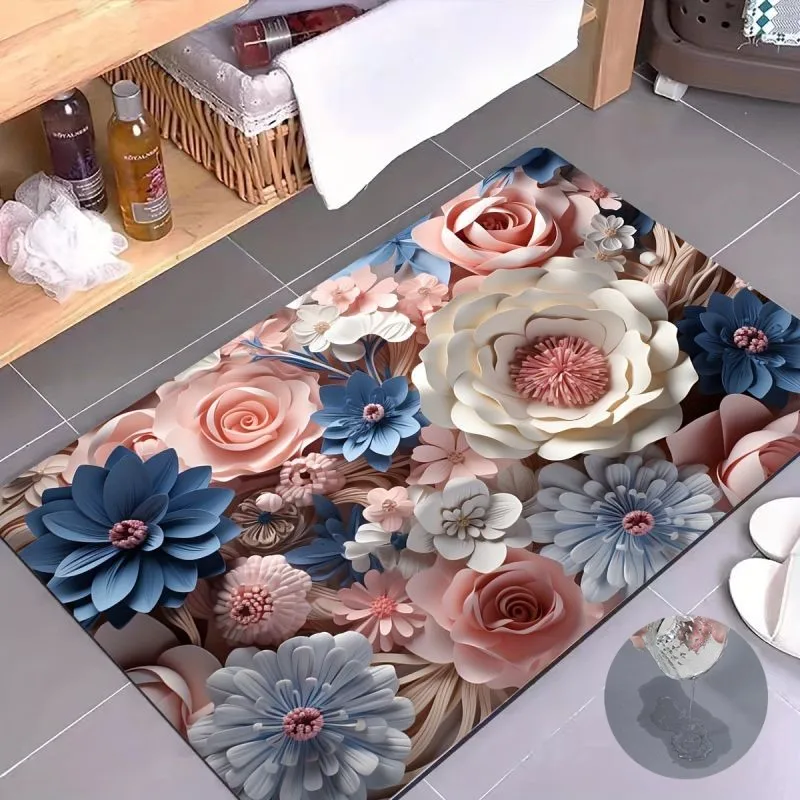 3d Pattern Flower Bath Mat Anti-skid Super Absorbent Kitchen Bathroom Rug Diatom Mud Foot Pad Home Room Decor Entrance Carpets