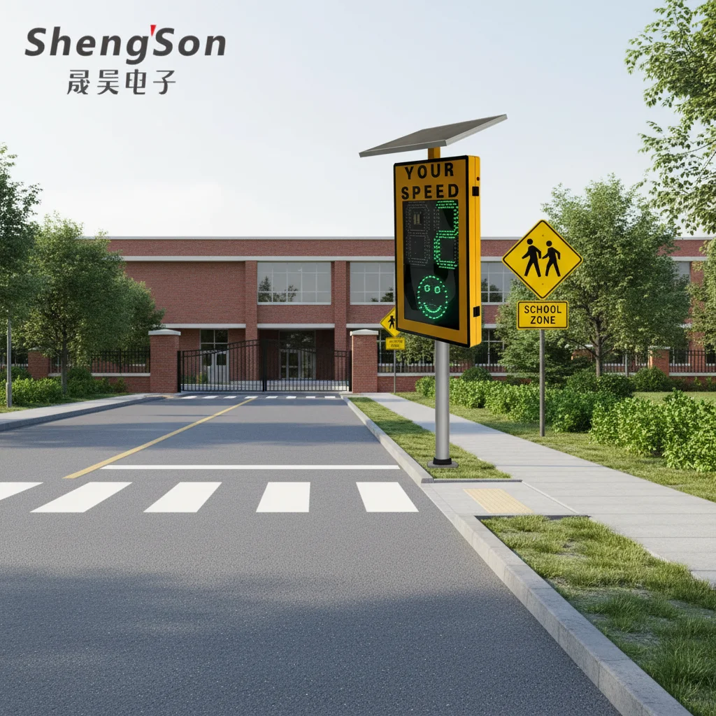 Solar Radar Speedometer with LED Traffic Sign and for Face Display Shows Red and Crying Face When Overspeeding