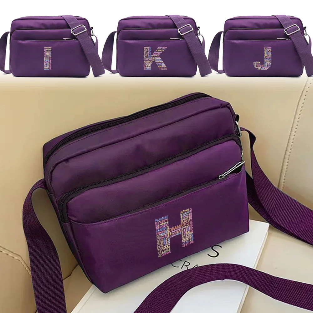 Fashion Large Capacity Text Letter Printing Series Pattern Purple One Shoulder Crossbody Bag Portable Commuting Storage Bag