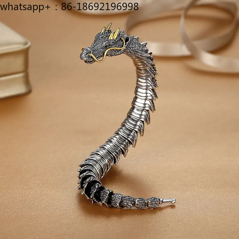 Sterling Silver Bracelet Male Faucet Domineering Personality Trendy Male Retro Dragon-shaped Dragon Scale Silver Jewelry