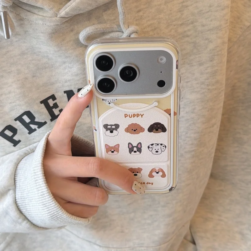 

Kawaii Cartoon Little Dog Leather Fold Stand Phone Case For iPhone 17 Pro Max 15 16 Pro Max Protective Cover Shockproof Cases Fu