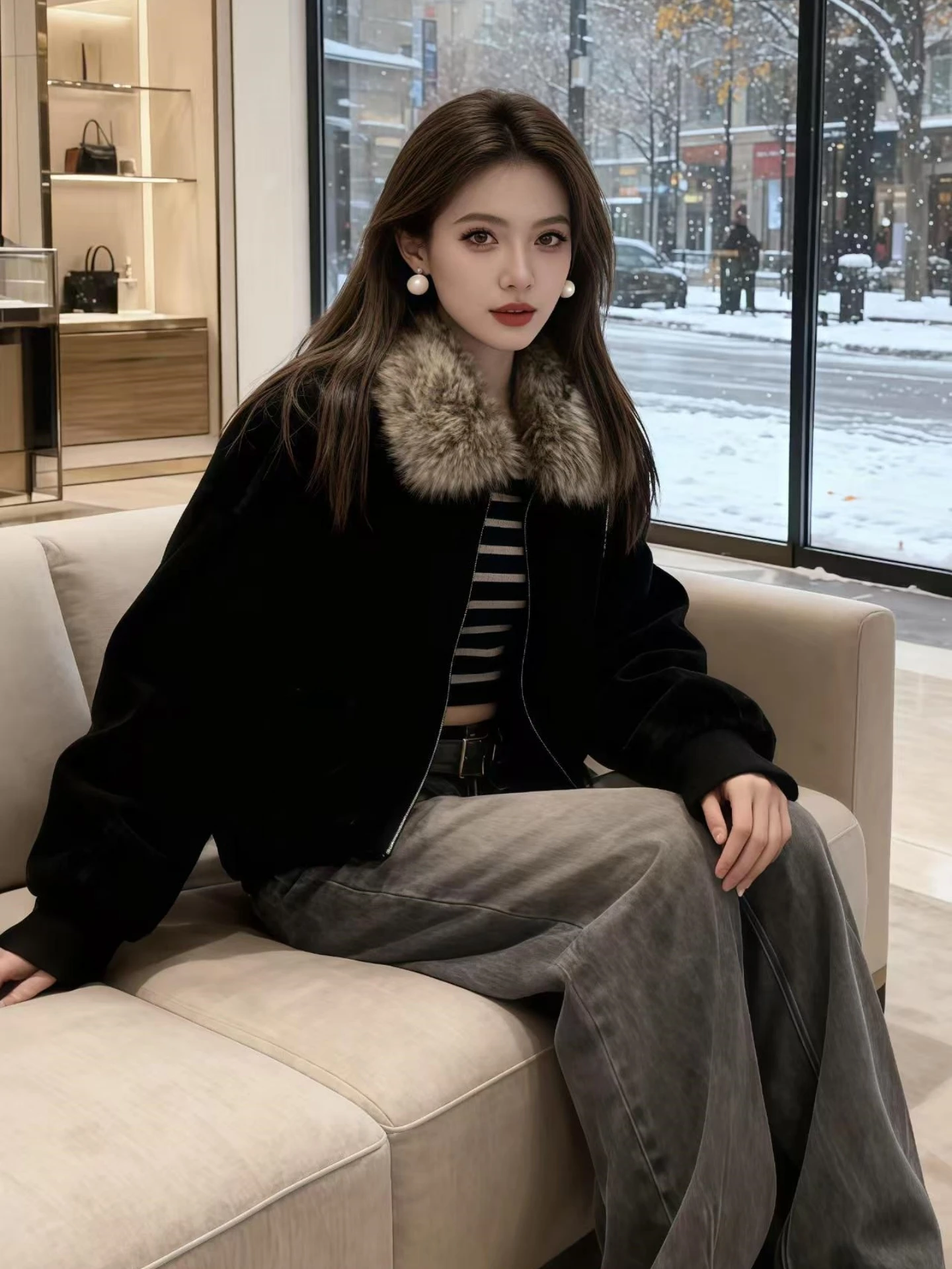 

Женское осенне-зимнее пальто Bla ort из искусственного меха с воротником и ребристым подолом, свободного кроя, с длинными рукавами, на молнии, без капюшона