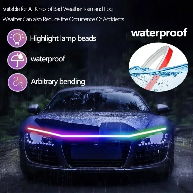 1.8 متر 12 فولت LED النهار تشغيل أضواء Drl سيارة مصباح ليد شرائط APP التحكم RGB الملونة سيارات هود ضوء الديناميكي بدوره مصباح إشارة
