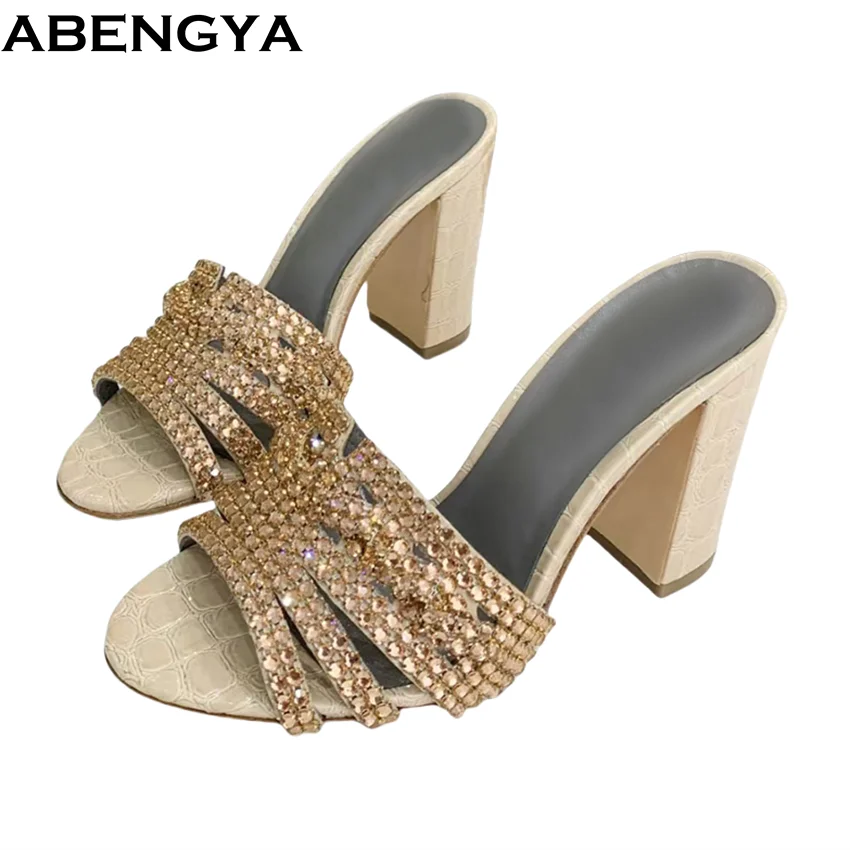

Лидер продаж, тапочки на массивном каблуке, женские шлепанцы с кристаллами, вечерние туфли на высоком каблуке 9,5 см для женщин, летние сандалии, женские тапочки