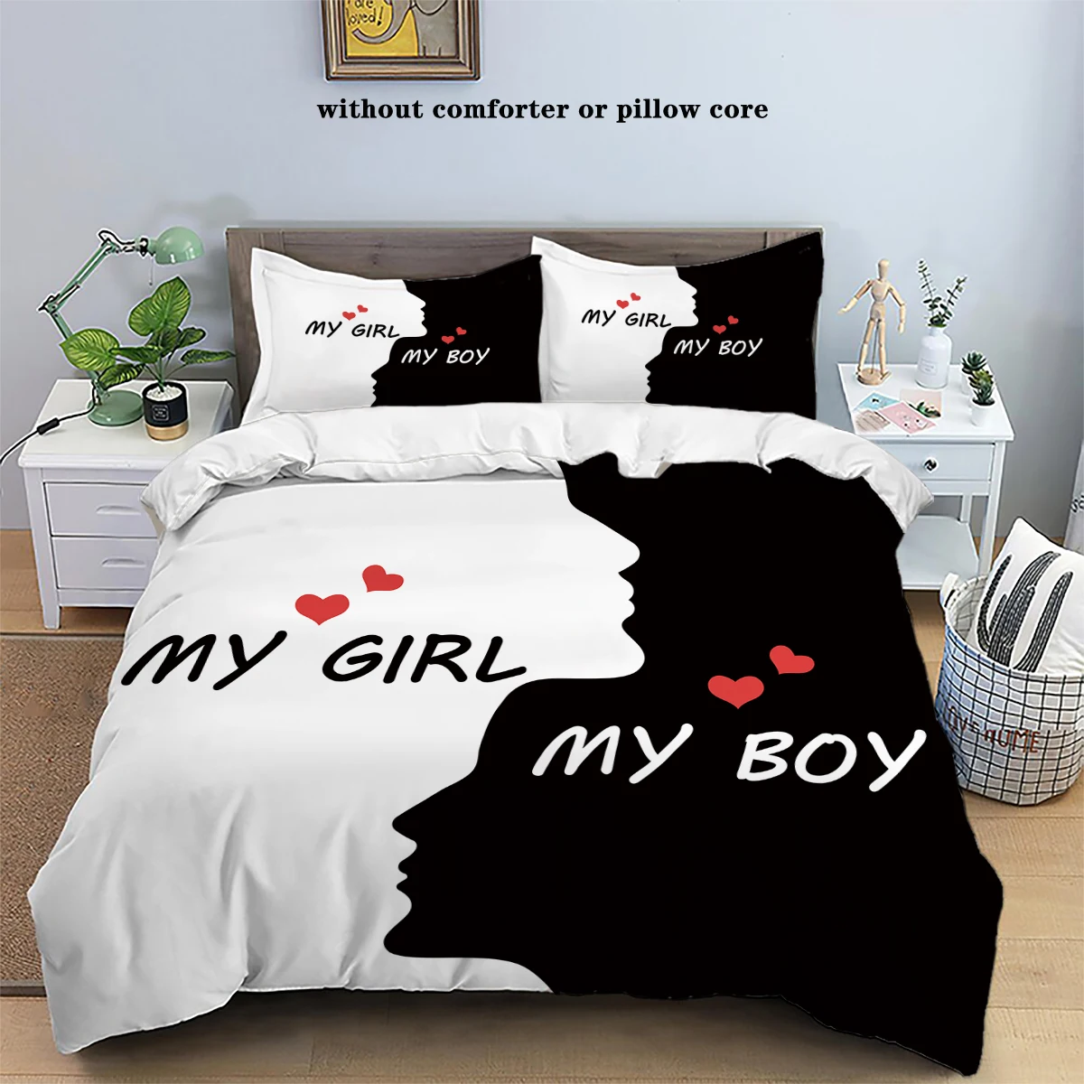 

3 шт. черно-белый комплект постельного белья с принтом губ и усов, уютный мягкий пододеяльник King Queen Twin Size, подарок на день рождения, декор для спальни для взрослых