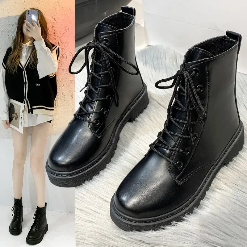 Women Ankle Boots Autumn New Woman Fashion British Style Black Casual PU Dress Shoes Female Motorcycle Boots