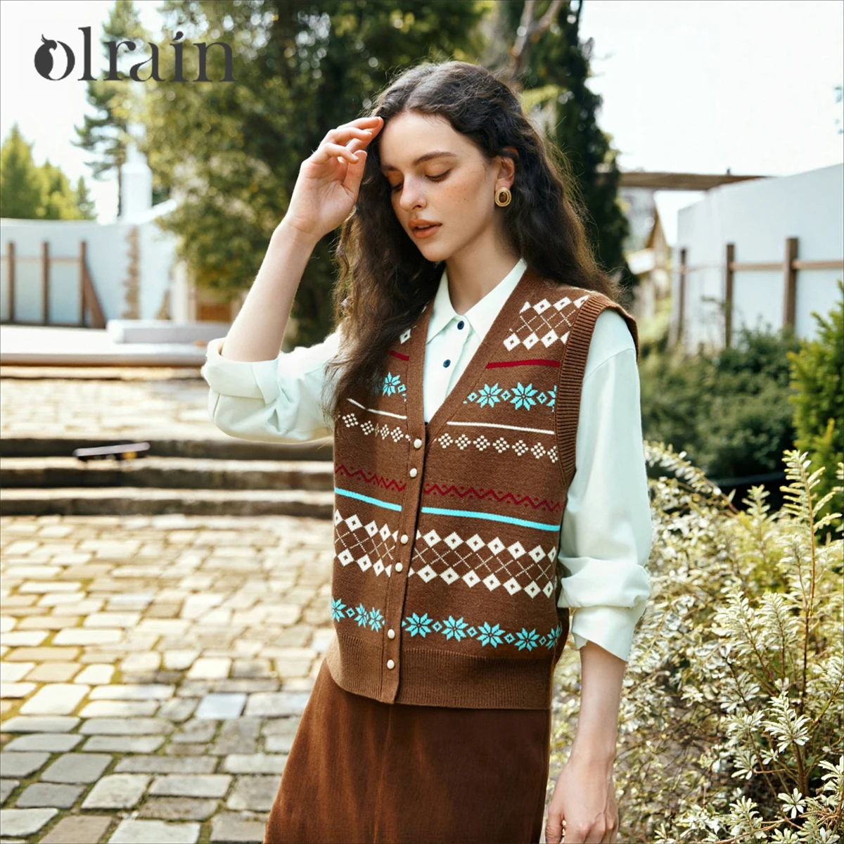 

OLrain женские вязаные свитера, жилет, осень-зима 2022, новинка, однобортный жилет, жаккардовый трикотаж, повседневная одежда O57DJ001980