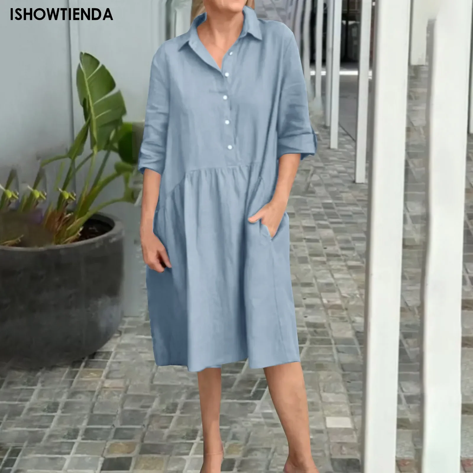 2024 Fashion New Women's Cotton Hemp Long Dress Large Size Loose Elegant Lapel Half Open V-neck Temperament Women's Casual Dress