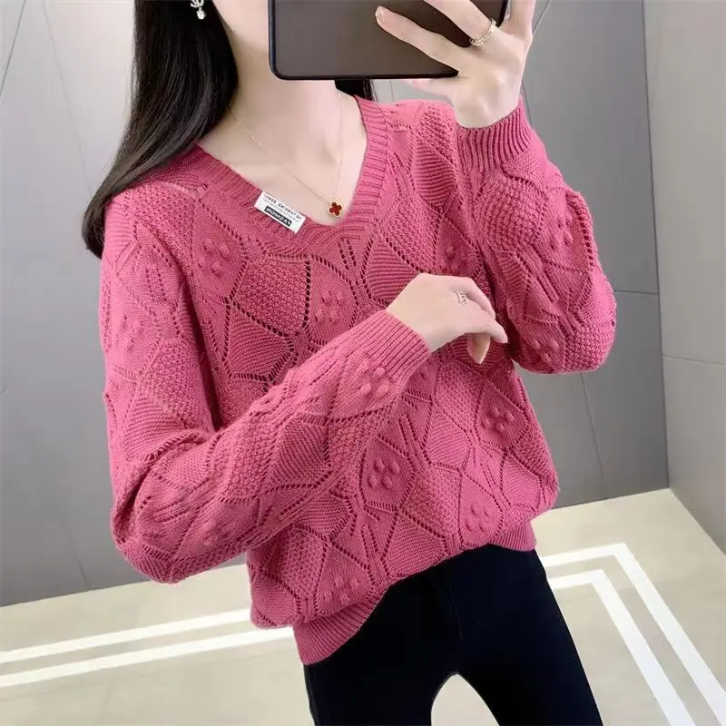 Spring Autumn Women\'s Clothing Pullover Solid Color Hook Flower Hollow Lantern Long Sleeve V-Neck Sweater Knitted Casual Tops