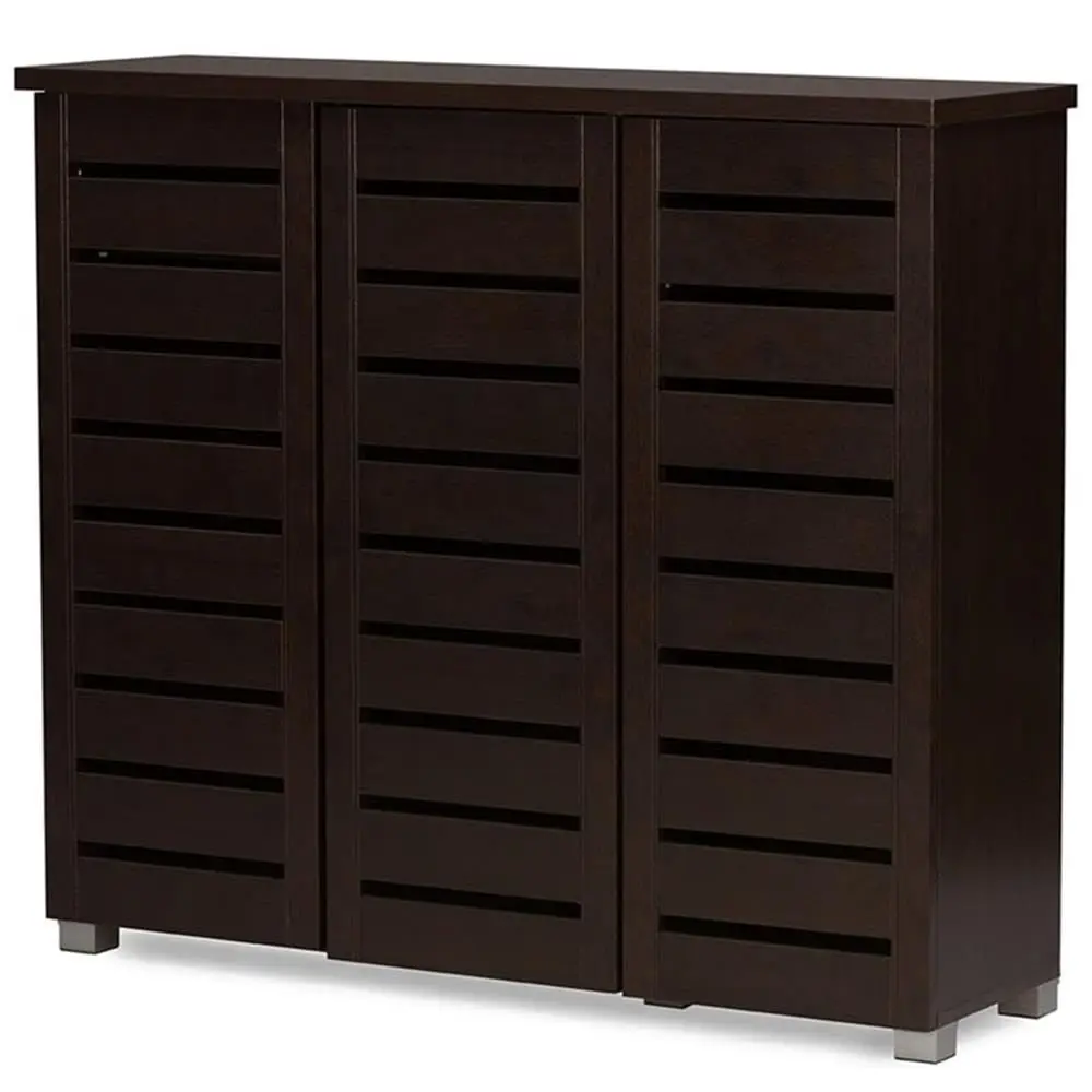 

Contemporary 3 Door Wooden Shoe Cabinet 20 Pairs Storage Organizer Dark Brown, Customized
