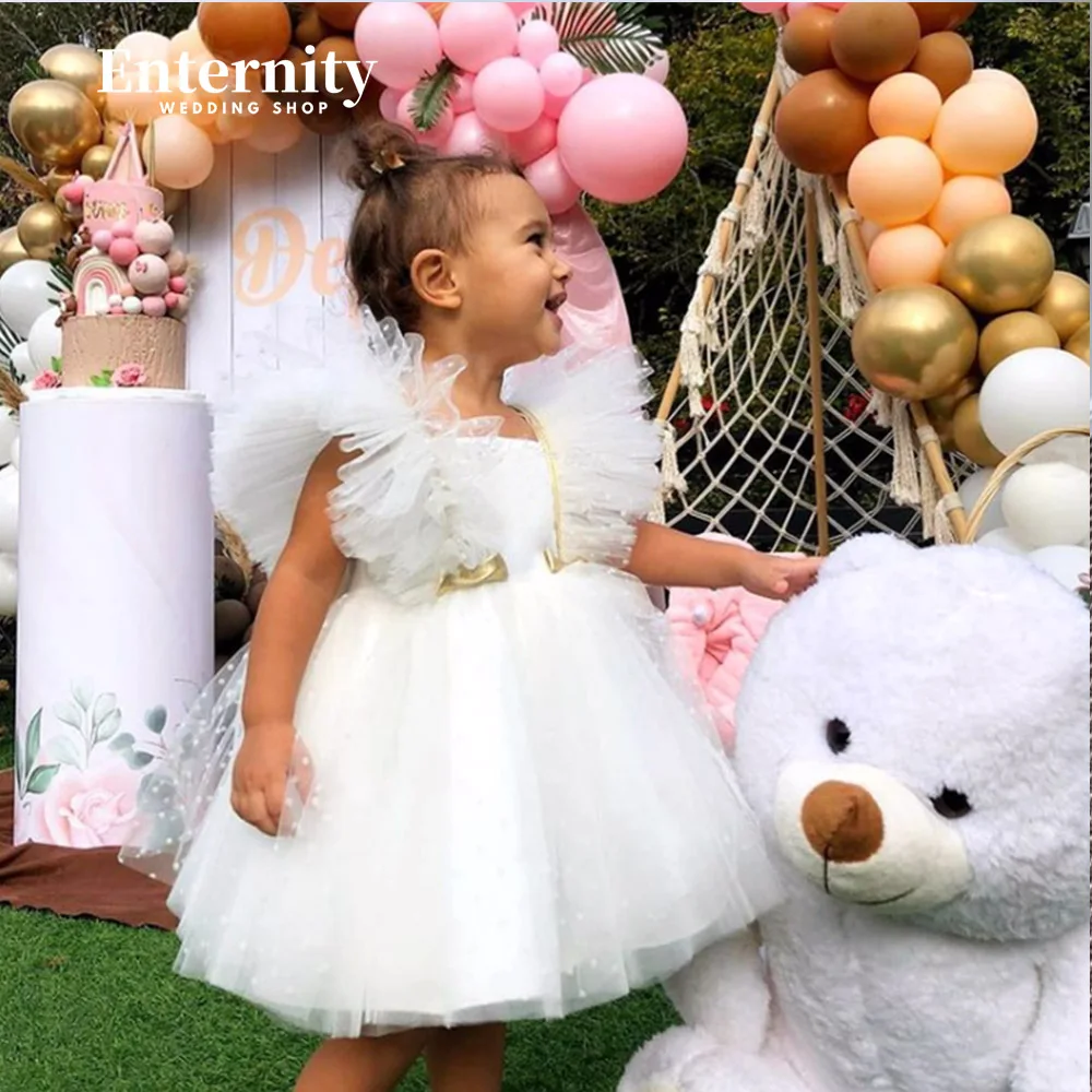 Princesse Enfant-Lovely Flower Girl Dress, vestido de baile, Dobre, Praça Neck, Beads Belt, Joelho de comprimento, Open Back