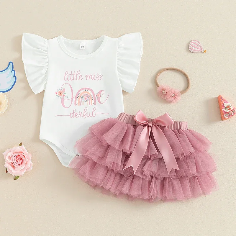 

3 шт., Детский комбинезон с юбкой и надписью