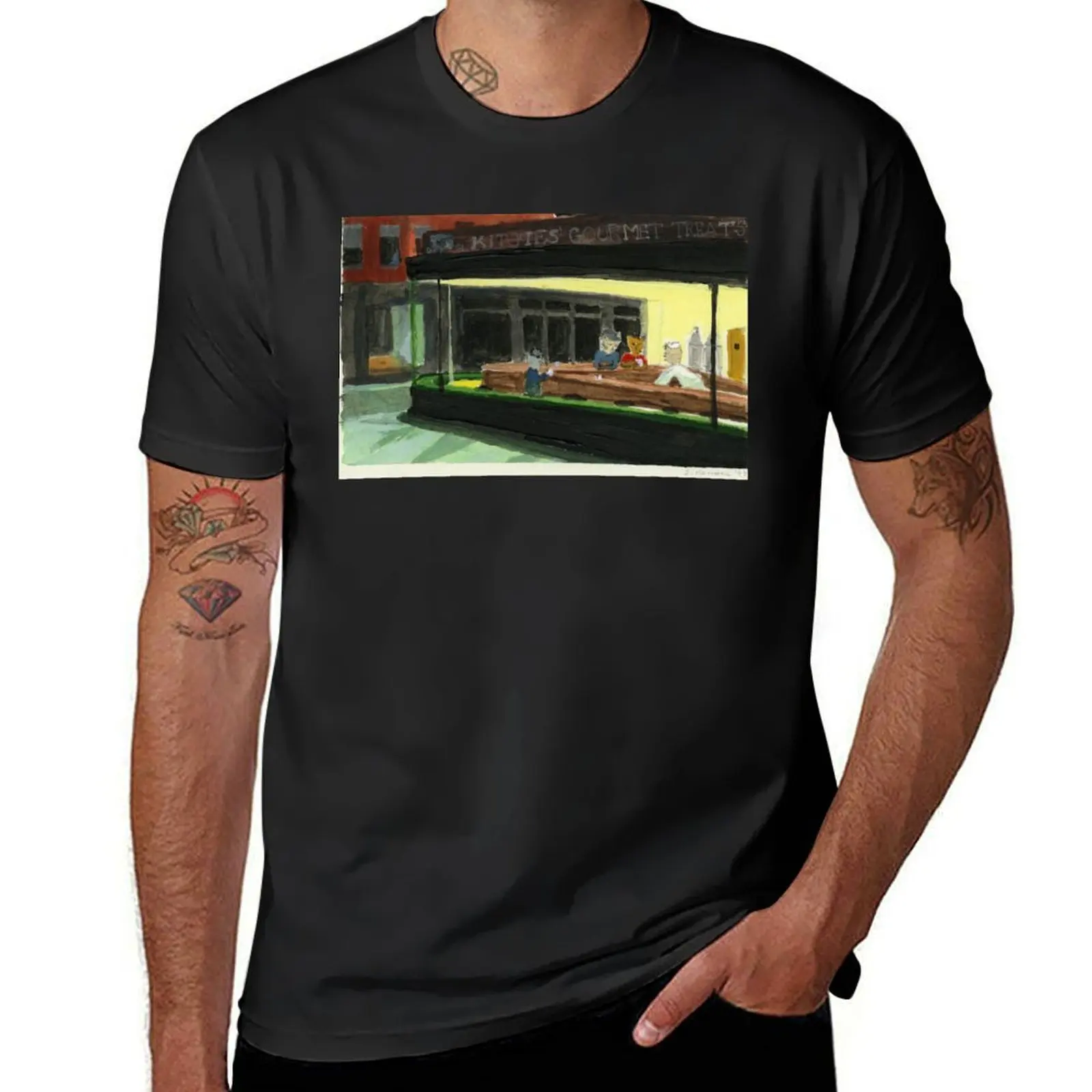 

Cat Museum: Cats in the Diner in Homage to Edward T-Shirt anime clothes sweat slim fit t shirts for men