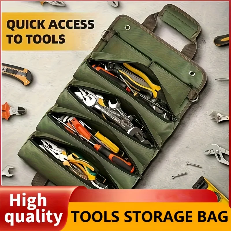 Oxford fabric heavy-duty tool roll bag - large capacity foldable tool organizer with 5 fixed compartments to securely hold tools