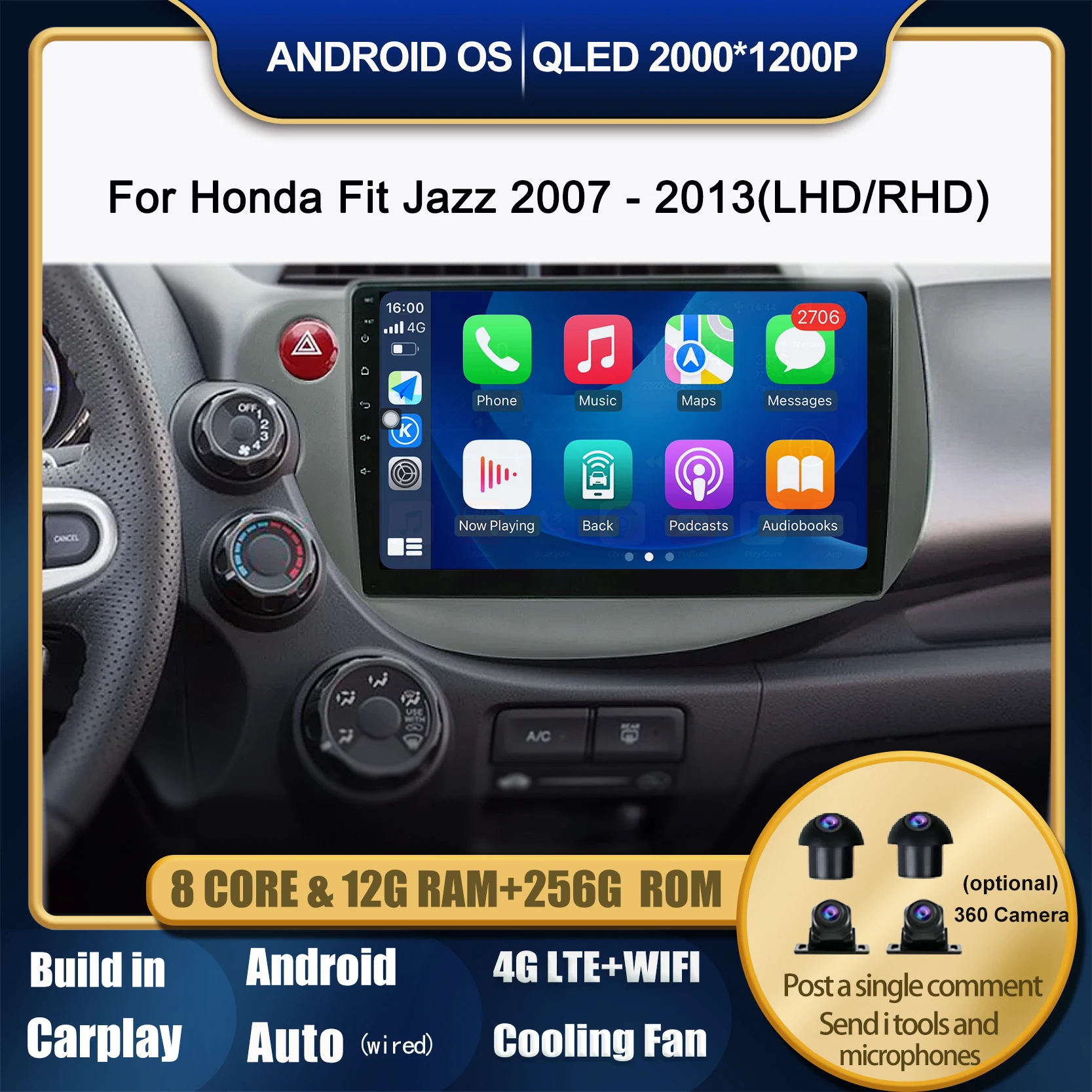

Android Car Radio For Honda Fit Jazz 2007 2008 2009-2013 8Core GPS Navigation Player Car Accessory Stereo Carplay Bluetooth