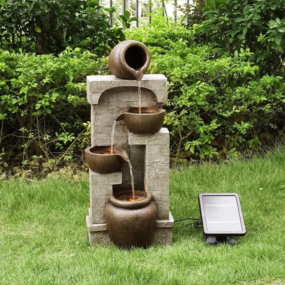 LED Outdoor Water Fountain, Cascading Bowls and Stacked Stones, Outdoors Living Spaces Create a Calming, Outdoor Fountain