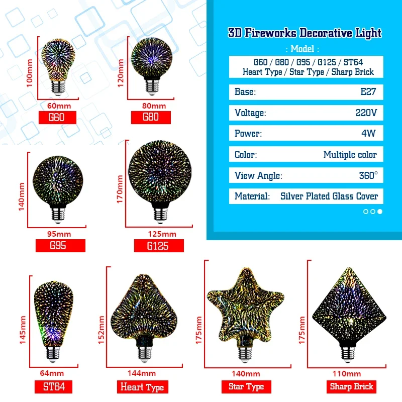 3D Colorful LED Edison Light Bulb E27 220V Vintage Fireworks Decoration Bulb ST64 G95 G125 Christmas Ampoule Led Lamp Lighting