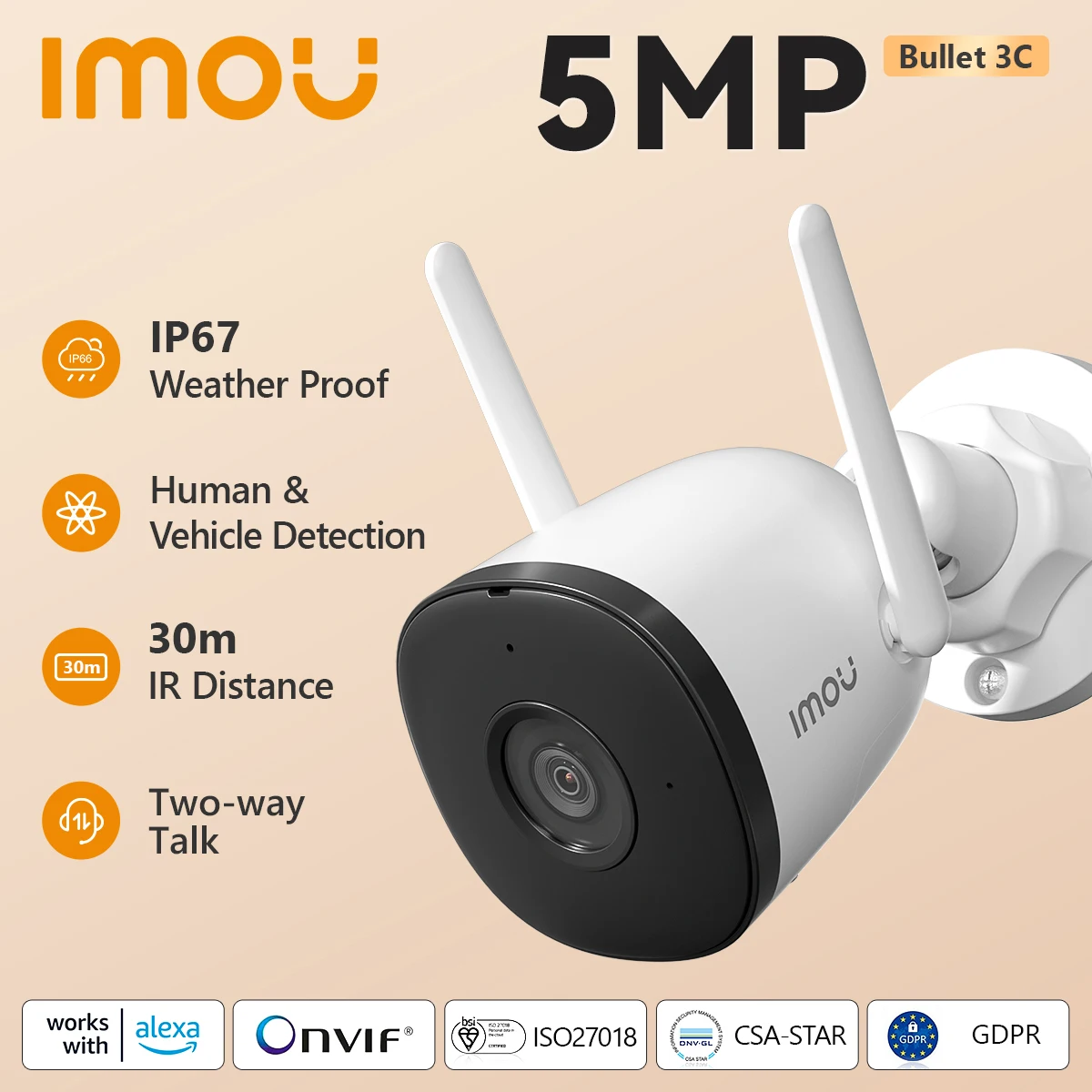 IMOU Bullet 3C 3MP5MP Wifi IP Camera Automatic Tracking IP67 AI Human&Vehicle Detection Outdoor Surveillance Security Protection