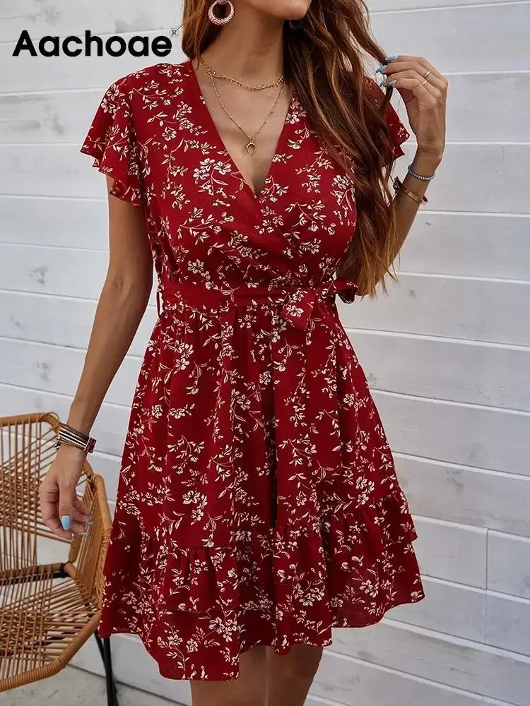 Aachoae-Vestido corto con estampado Floral para mujer, minivestido informal de manga corta con cuello en V, estilo bohemio