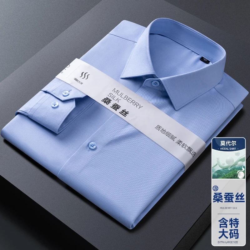 9XL Anti-wrinkle New Modal Mulberry Silk White Shirts for Men Short Sleeved & Long Sleeve Casual Shirt Men Business Large Size