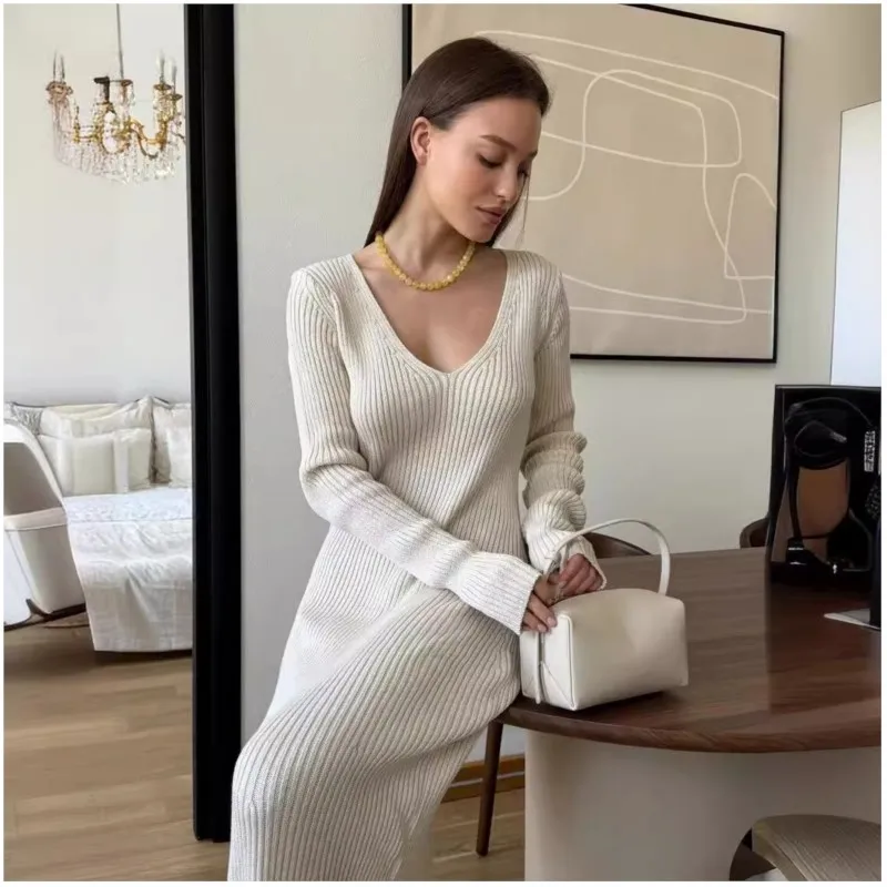 Autumn and winter new V-neck elegant women's dress 2024 autumn and winter long-sleeved ankle-length office women's dress slim